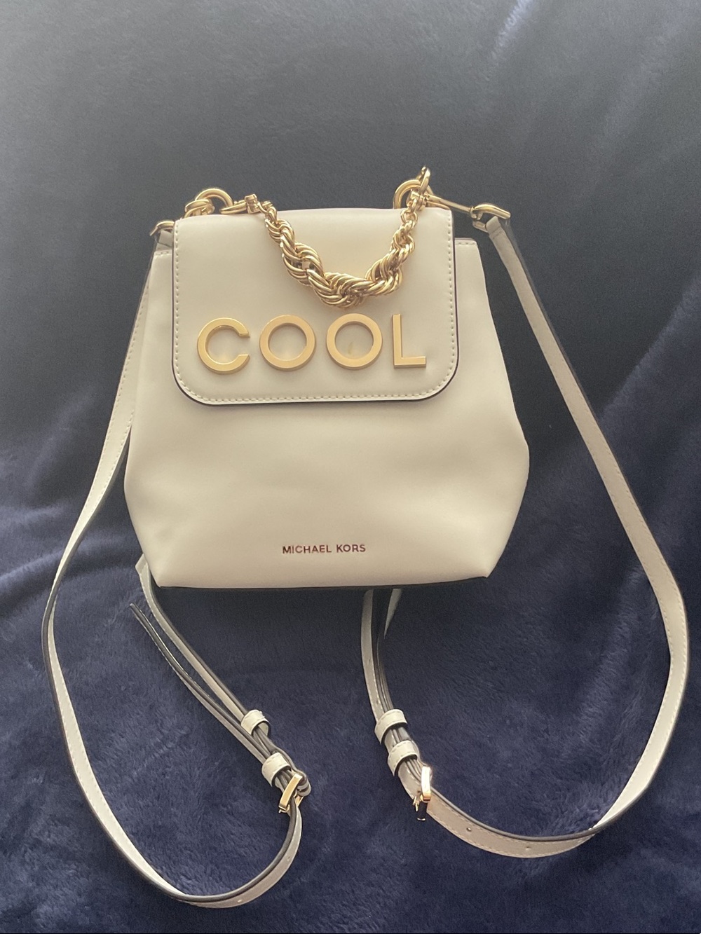 Michael Kors Optic White Backpack with Gold 'COOL' Chain Accent
